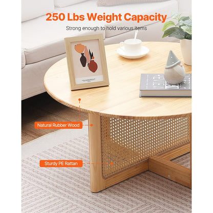 Rattan Salontafel – Rotan Tafel – Koffietafel – Woonkamertafel – Bohemian Tafel – Handgemaakt PE Rattan Onderstel – Rubbenhouten Tafelblad 83 cm