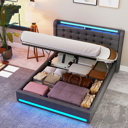Bed – Ottomane Bed – Opbergbed – Gaslift Bed – Gestoffeerd Bed – 140x200 cm – Hydraulische Lift – Ingebouwde LED Verlichting