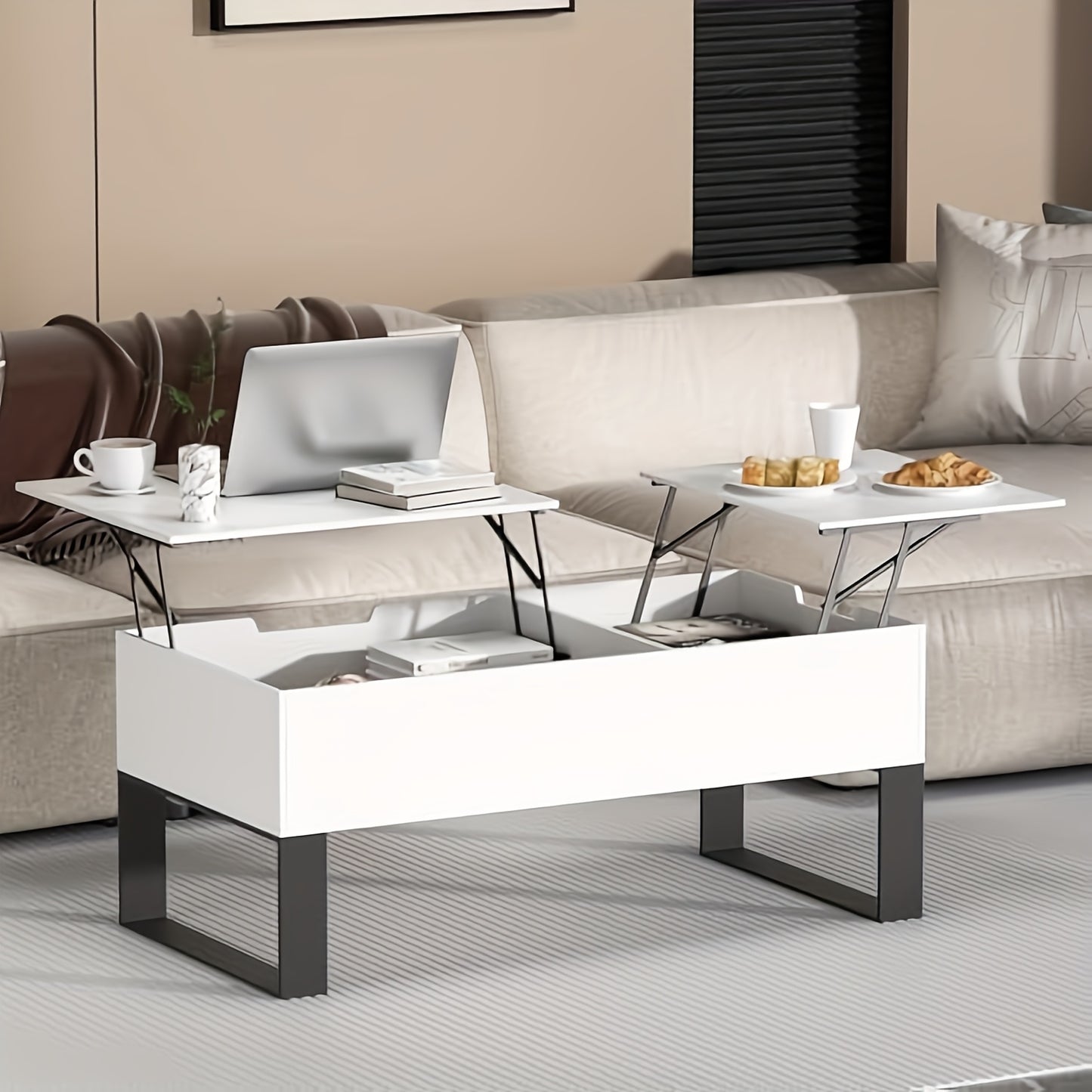 Salontafel – Woonkamertafel – Koffietafel – Bijzettafel – Sofa Tafel – Verstelbaar & Opvouwbaar – Met Verborgen Opbergruimte – Wit – 100x50x42 cm