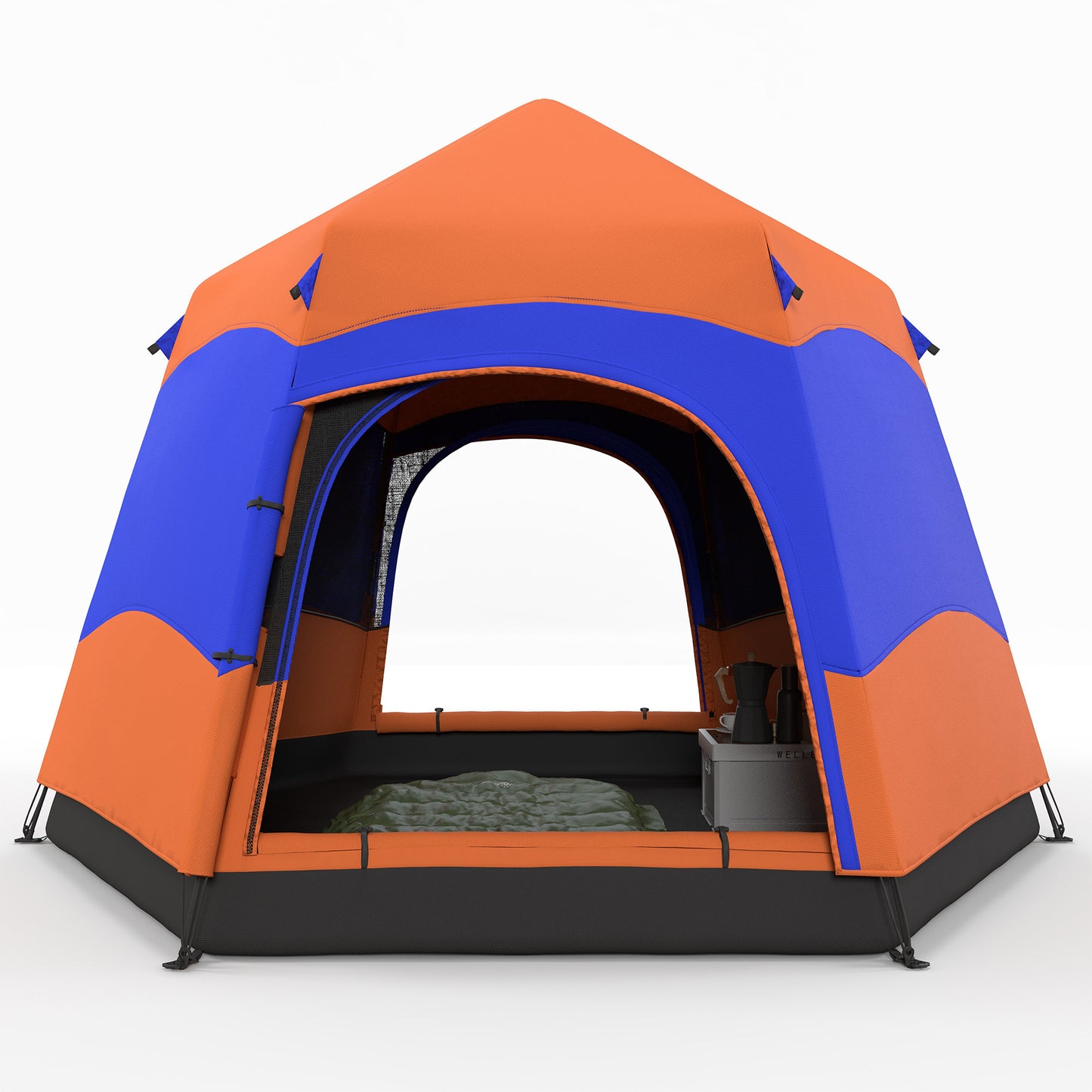 Tent – Kampeertent – Pop-up Tent – Familietent – Outdoor Tent – Snel Opzetbaar – Waterafstotend Polyester – Inklapbaar – 4-6 Personen – Met Muskietennet – Inclusief Draagtas – Oranje Blauw – 275x275x170 cm