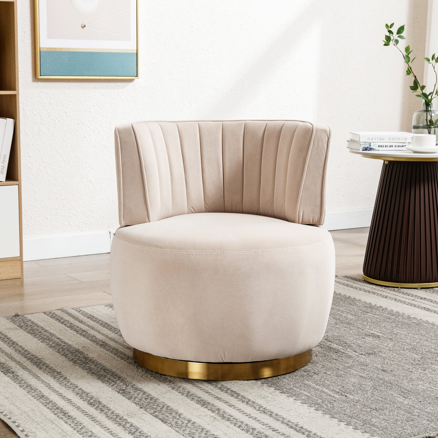 Draaifauteuil – Bureaustoel – Loungefauteuil – Swivel Chair – Fauteuil Beige – 360° Rotatie – Fluweelzachte Bekleding