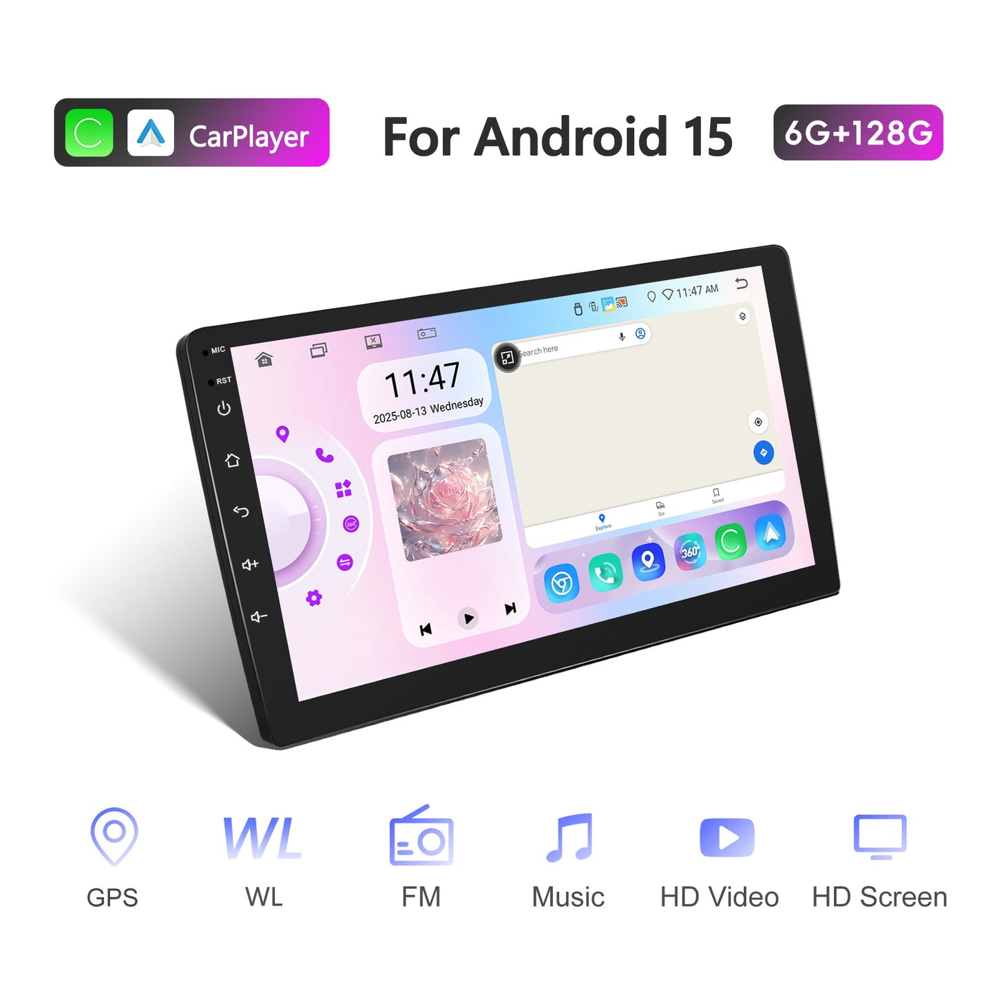 Autorradio – Car Stereo – Multimedia Speler – Navigatiesysteem – Double Din – 10 Inch Touchscreen – Android 15 Systeem – Draadloze CarPlay & Auto Mirror Link – 6GB RAM + 128GB Opslag – 360° Panoramische Digitale Radio