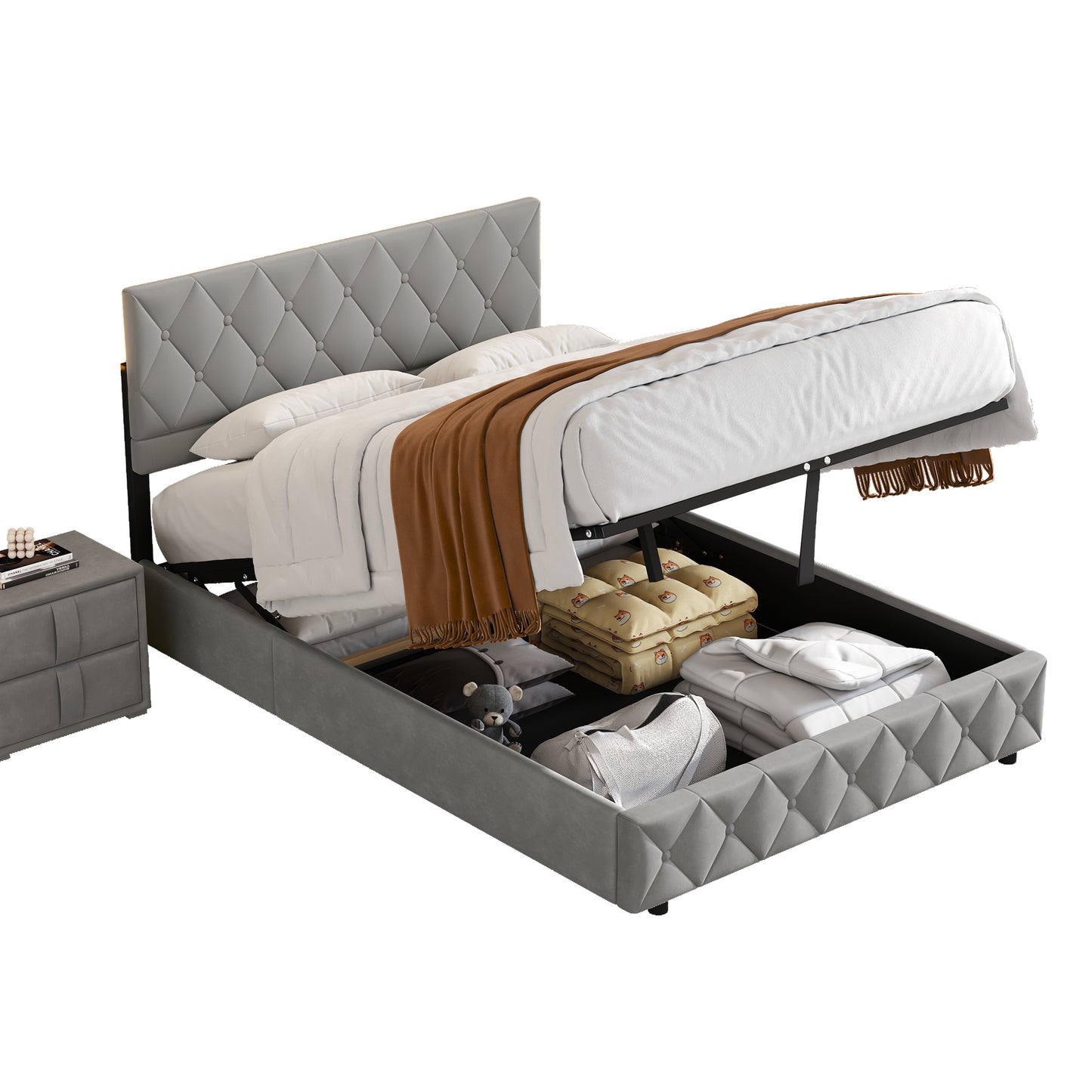 Bedombouw – Bedframe – Opbergbed – Stapelbed – Slaapkamerbed – Hydraulische Opbergruimte – Stoffering Met Knopen – 140x200 cm – Houten Latten Met Metalen Frame