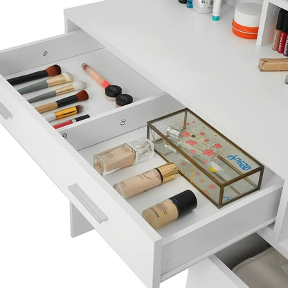 Kaptafel – Make-up Tafel – Opmaaktafel – Schminktafel – Visagie Tafel – Groot Spiegeloppervlak – 5 Laden & Kast – Glasblad – 101x40x143 cm – Vrijstaand – Wit