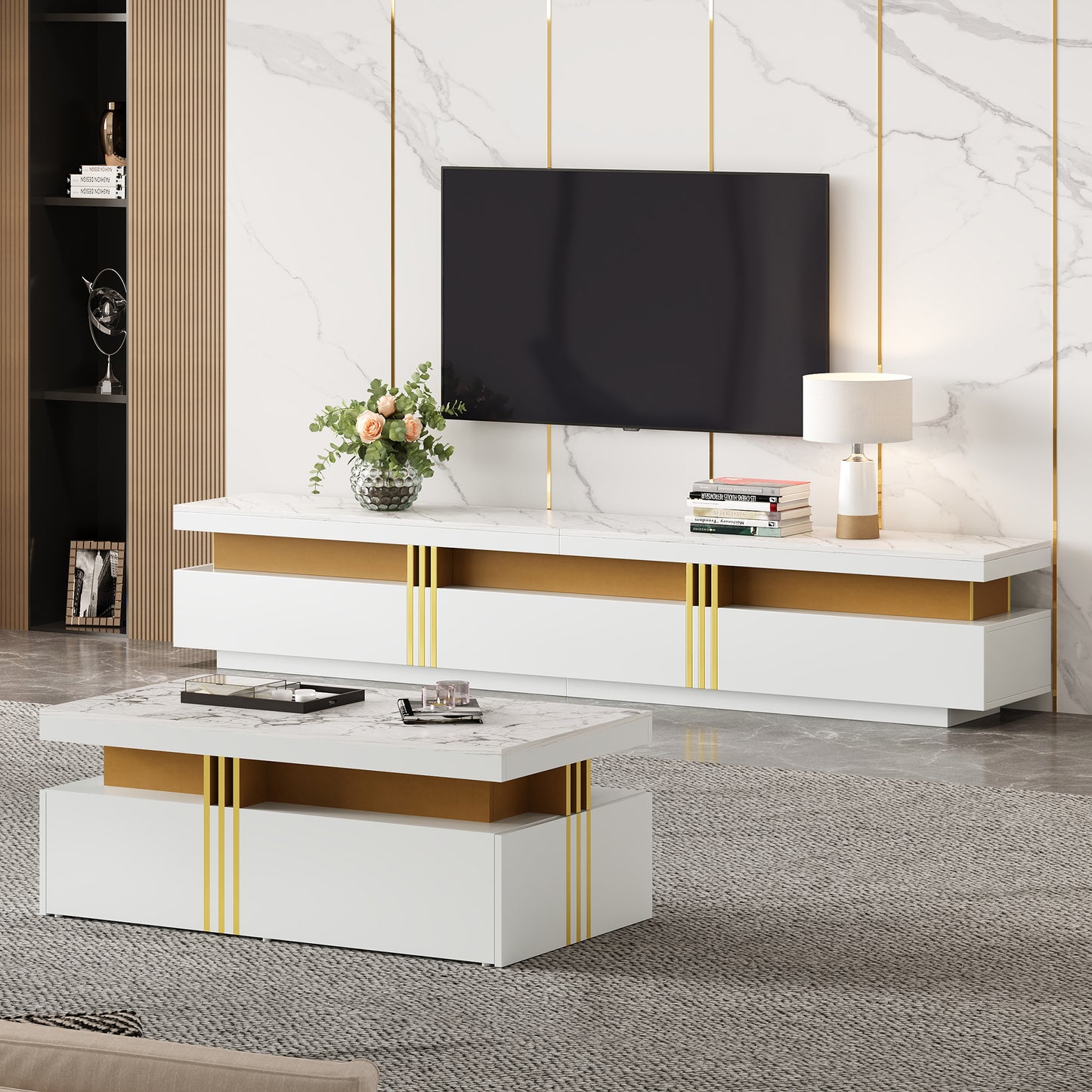 Tv Meubel – TV Kast – TV Meubels – TV Dressoir – TV Kasten – Marmerlook Hoogglans – Voor TV Tot 90 Inch – Inclusief Salontafel