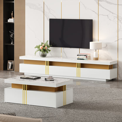 Tv Meubel – TV Kast – TV Meubels – TV Dressoir – TV Kasten – Marmerlook Hoogglans – Voor TV Tot 90 Inch – Inclusief Salontafel
