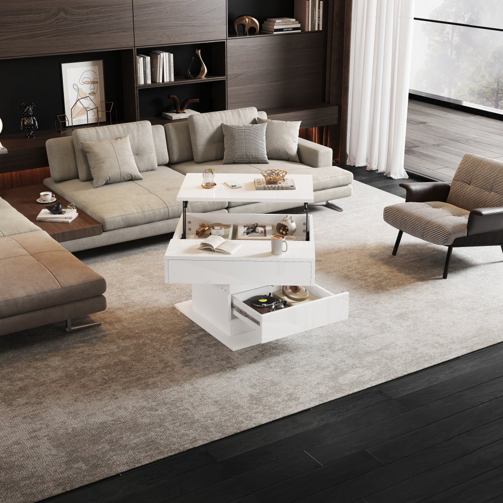 70*70*45cm Geometric Coffee Table | 360° Rotating Top, Height-Adjustable with 1 Drawer, High-Gloss, Concealed Storage, Modern Style, White, Metal Material