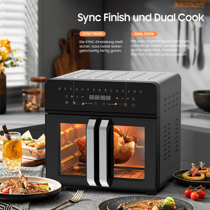 Airfryer – Heteluchtfriteuse – Friteuse – Heteluchtoven – Gezond Koken – 23L XXL Inhoud – Dual-Zone Met Koekprogramma’s & Verlichting