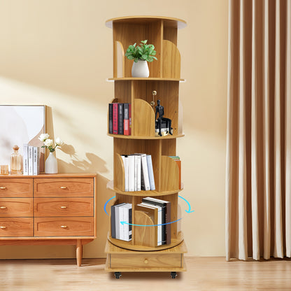 Boekenplank – Boekenrek – Wandplank – Boekenkast – Opbergmeubel – Draaibaar 360° – Massief Hout – 4 Lagen – Verrijdbaar – Compact 46x46x142 cm