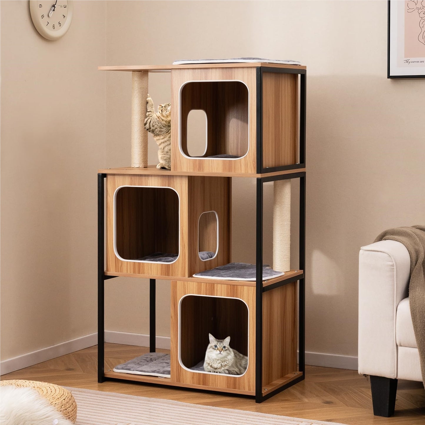 Kattenklimpaal – Krabpaal – Kattenhuis – Kattenmeubel – Klimmeubel – 3 Verdiepingen Met Krabvlak – Verwijderbare Kussens – Metaalframe – Natuurlijk