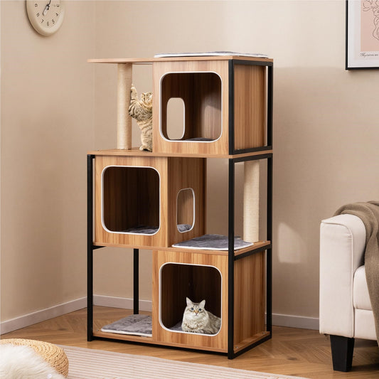 Kattenklimpaal – Krabpaal – Kattenhuis – Kattenmeubel – Klimmeubel – 3 Verdiepingen Met Krabvlak – Verwijderbare Kussens – Metaalframe – Natuurlijk