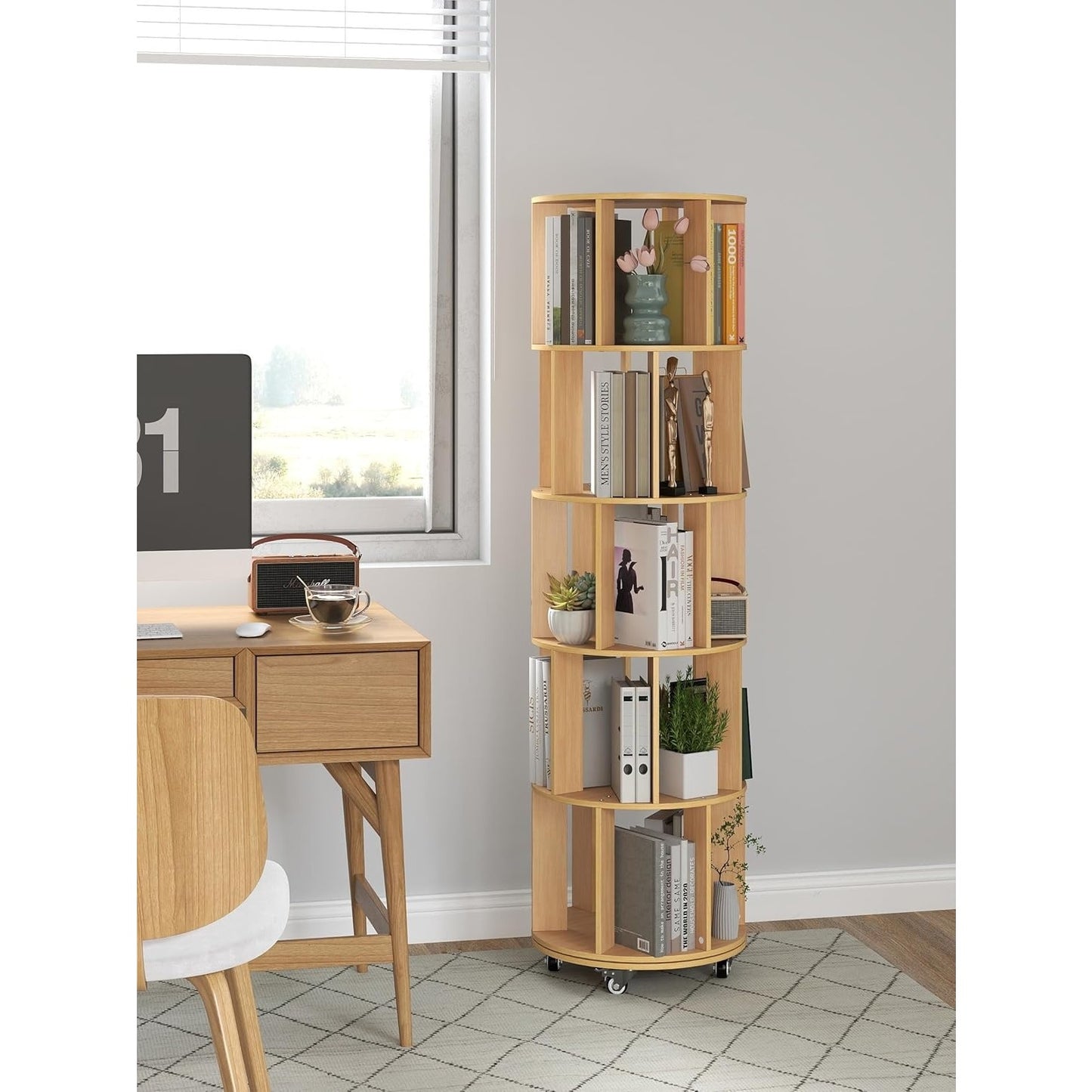 Boekenplank – Boekenrek – Wandplank – Boekenkast – Wandrek – 5 Laags Draaibaar – Massief Hout Met Achterpaneel