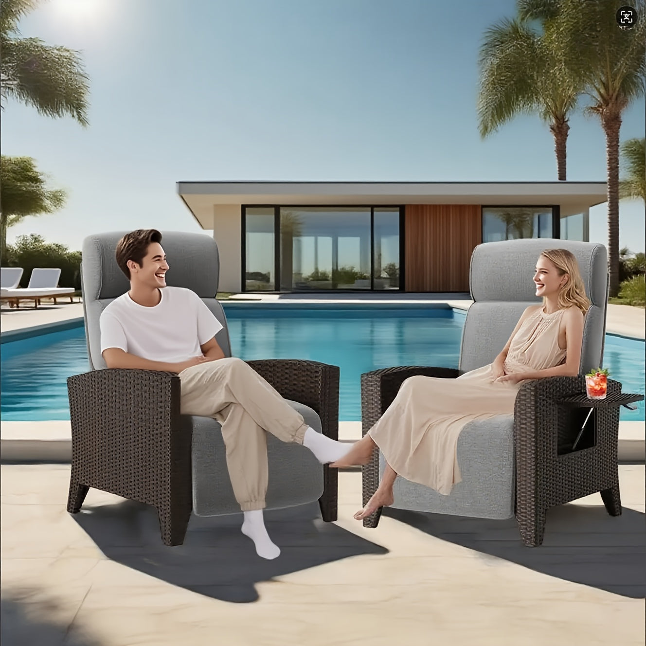 2pcs Brown PE Rattan Sofa Set with Coffee Table & Dust Cover - All-Weather Outdoor Furniture, 160° Flat Recline & Extendable Footrest, Cushioned Comfort, UV-Resistant Wicker Patio Lounge Set for Balcony, Garden, Poolside - E