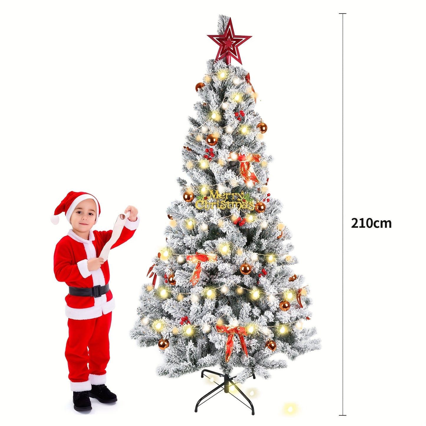 Kunstkerstboom – Kerstboom – Kunstboom – Nepkerstboom – Sierkerstboom – 210 cm Groot – Vooraf Versierd Met Flock – Met Metalen Standaard – Voor Binnen & Buiten