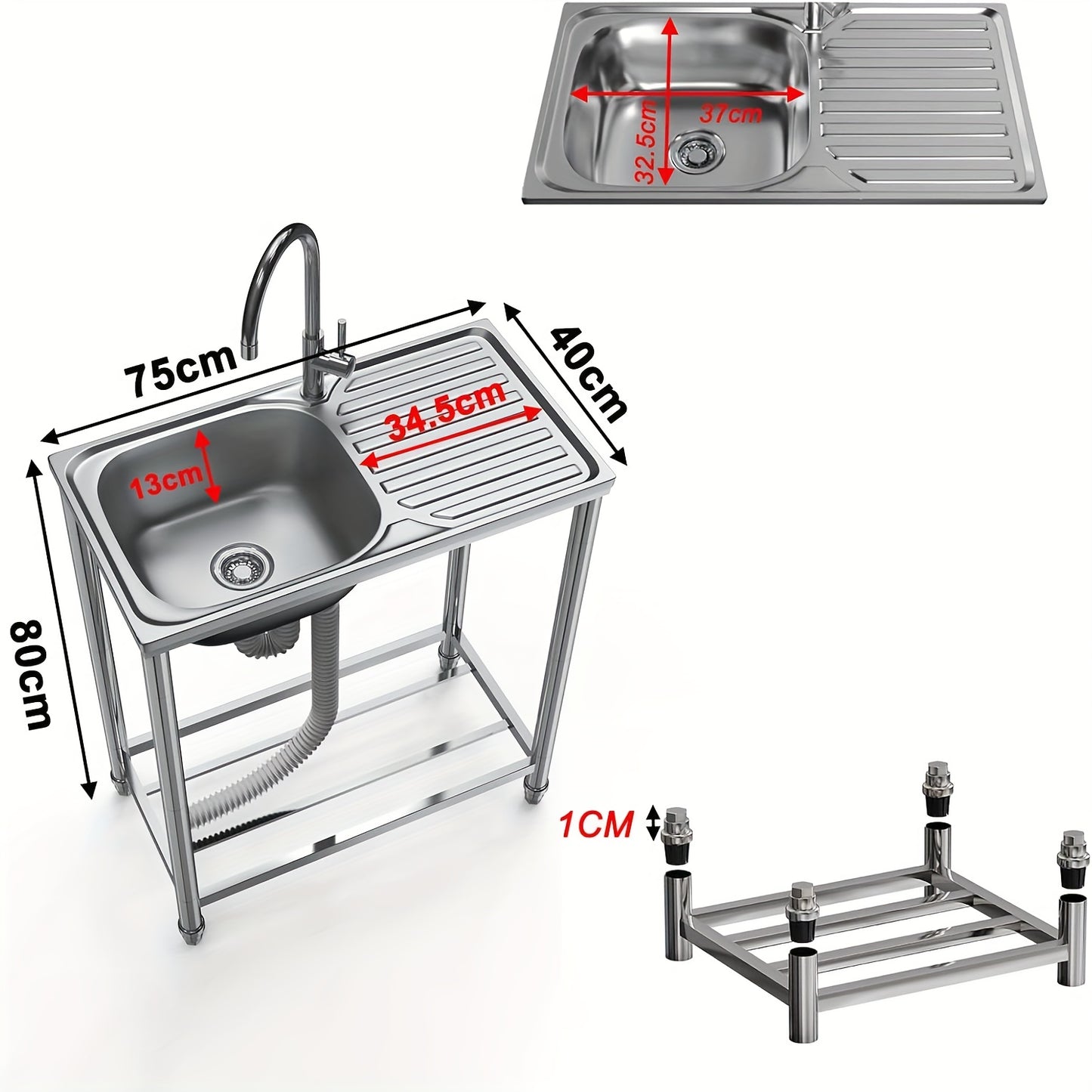 RVS Keukenspoelbak – Spoelbak Met Werkblad – Wasbak – Buitenkeuken Spoelbak – Vrijstaande Spoelbak – Roestvrij Staal – 75x40cm – Met Warm- En Koudwaterkraan – Duurzaam En Praktisch Design
