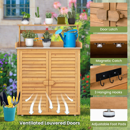 Buitenpottenbank – Tuinwerkbank – Plantenbank – Pottenrek – Tuinmeubel – Vurenhout Met Gegalvaniseerd Metaal – 3 Haken En Verwijderbare Planken