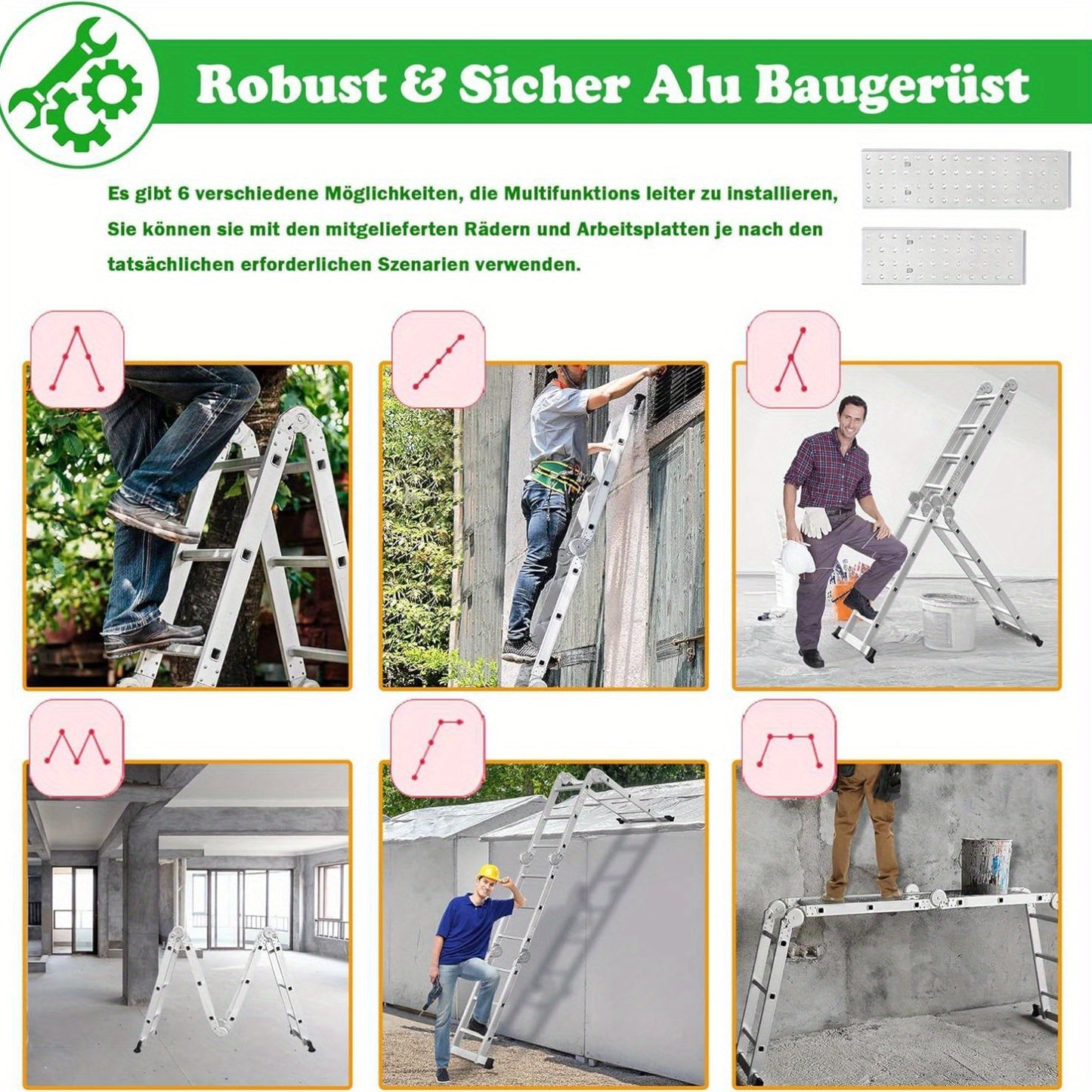 Multifunctionele Ladder – Aluminium Ladder – Vouwladder – Steigerladder – Werkplatform Ladder – 580cm 4x5 Sprossen – Lichtgewicht & Met 2 Afneembare Werkplatforms en Wielen