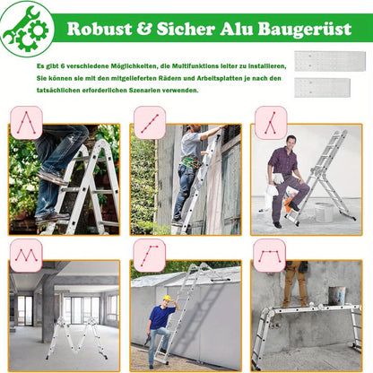 Multifunctionele Ladder – Aluminium Ladder – Vouwladder – Steigerladder – Werkplatform Ladder – 580cm 4x5 Sprossen – Lichtgewicht & Met 2 Afneembare Werkplatforms en Wielen