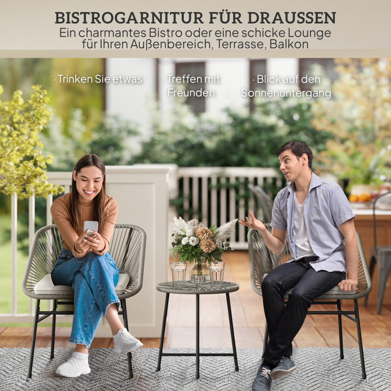 Tuinset – Buitenmeubelset – Loungeset – Balkonset – Bistroset – Polyrotan – Weerbestendig – 3-delig met Kussens en Ronde Tafel – Donkergrijs