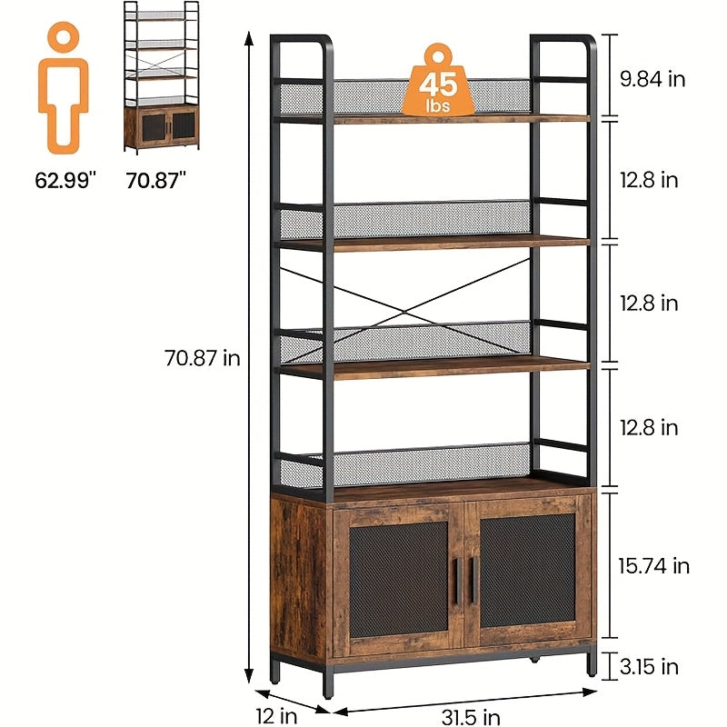 Bookshelf with Doors Industrial Bookcase with 4 Tiers Open Storage Shelf Rustic Bookshelves 180.01cm Tall Display Rack Cabinet Farmhouse Bookshelf for Bedroom, Living Room, Home Office