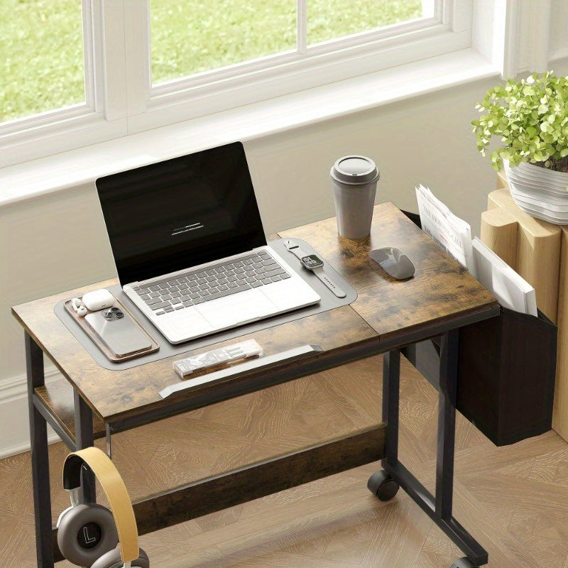 bureautafel – bureau – computertafel – werktafel – schrijftafel – verstelbare hoogte – stevig metalen frame – 92 x 40 cm – wieltjes – kantelplatform – opbergtas – rustiek bruin zwart