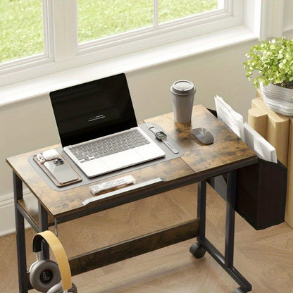 bureautafel – bureau – computertafel – werktafel – schrijftafel – verstelbare hoogte – stevig metalen frame – 92 x 40 cm – wieltjes – kantelplatform – opbergtas – rustiek bruin zwart
