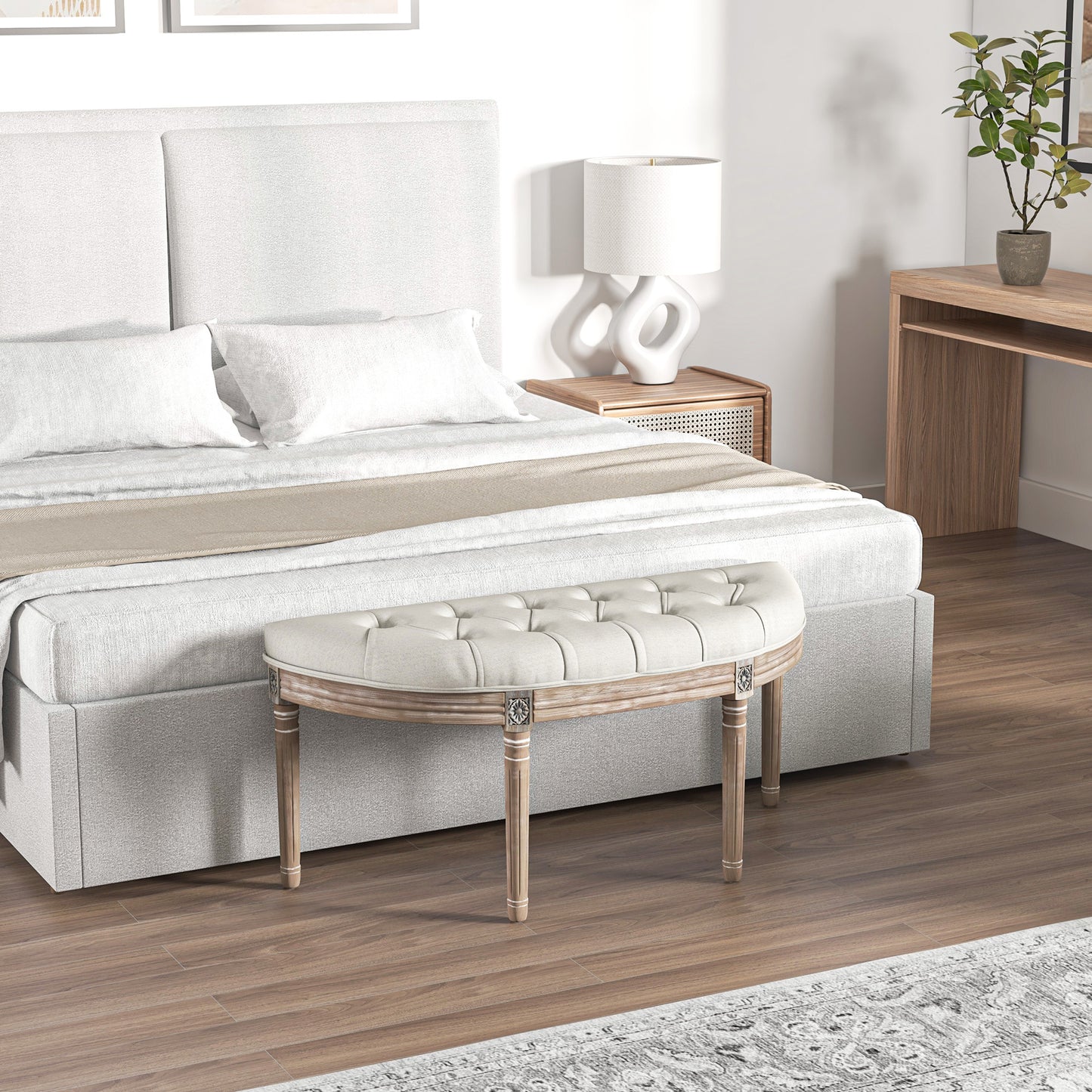Halvemaanbankje – Halfronde Bank – Zitbankje – Entreebank – Sierbank – Crèmekleur – Massief Hout – Linnen Bekleding – Louis XVI Stijl – Compact 110x44x49 cm – Comfortabele Gevoerde Zitting
