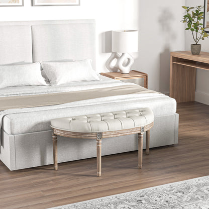 Halvemaanbankje – Halfronde Bank – Zitbankje – Entreebank – Sierbank – Crèmekleur – Massief Hout – Linnen Bekleding – Louis XVI Stijl – Compact 110x44x49 cm – Comfortabele Gevoerde Zitting