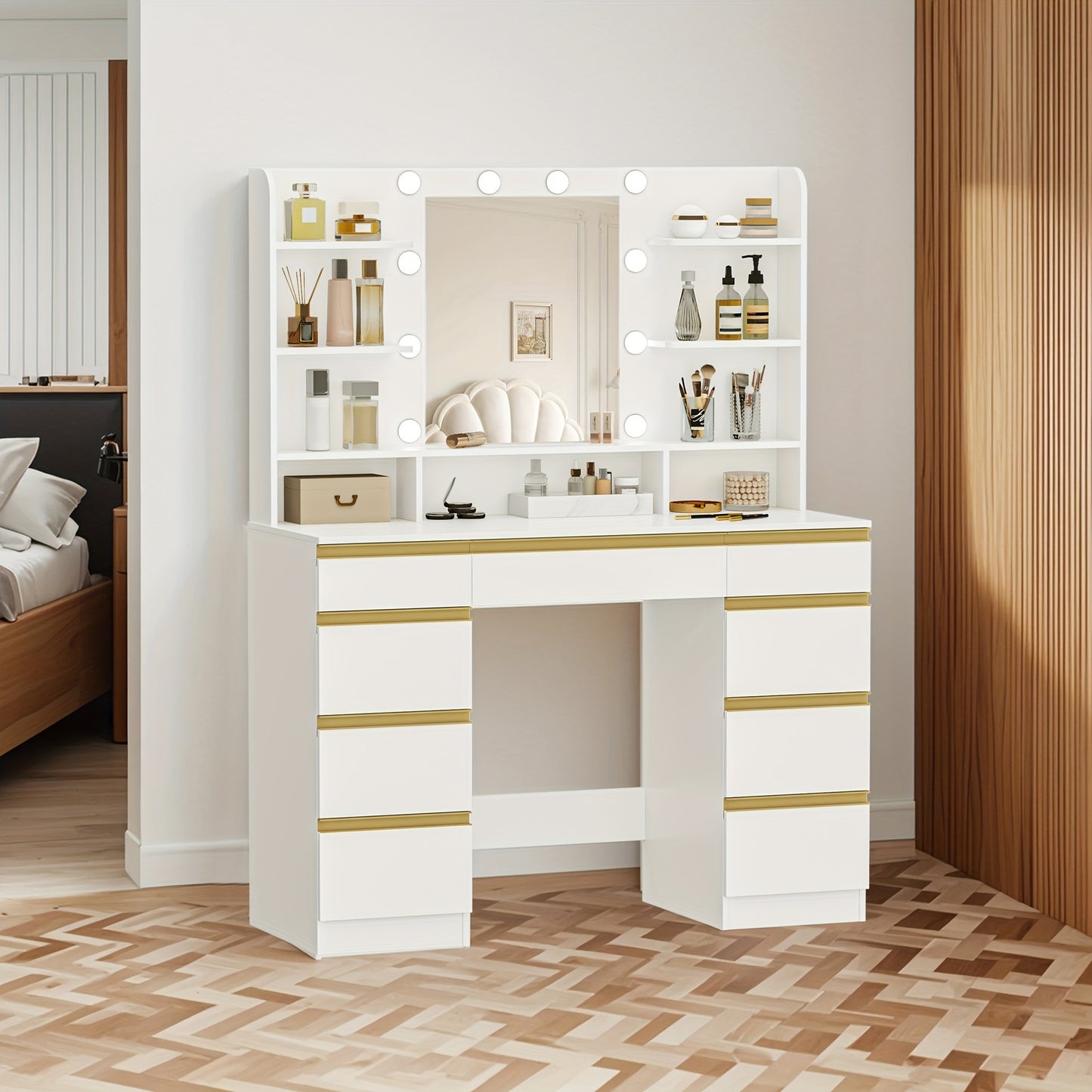 Dressing Table, 3 Colors, Adjustable Brightness, Large HD Mirror, 1 Large Drawer And 8 Small Drawer Cabinets, 9 Open Shelves, White