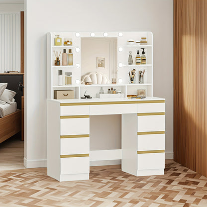 Dressing Table, 3 Colors, Adjustable Brightness, Large HD Mirror, 1 Large Drawer And 8 Small Drawer Cabinets, 9 Open Shelves, White