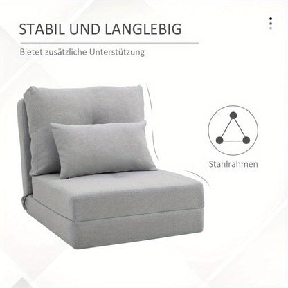 Slaapstoel – Slaapbank – Logeerbed – Zetelbed – Slaapfauteuil – Verstelbare Rugleuning – Roestvrijstalen Frame – Grijze Linnen Bekleding