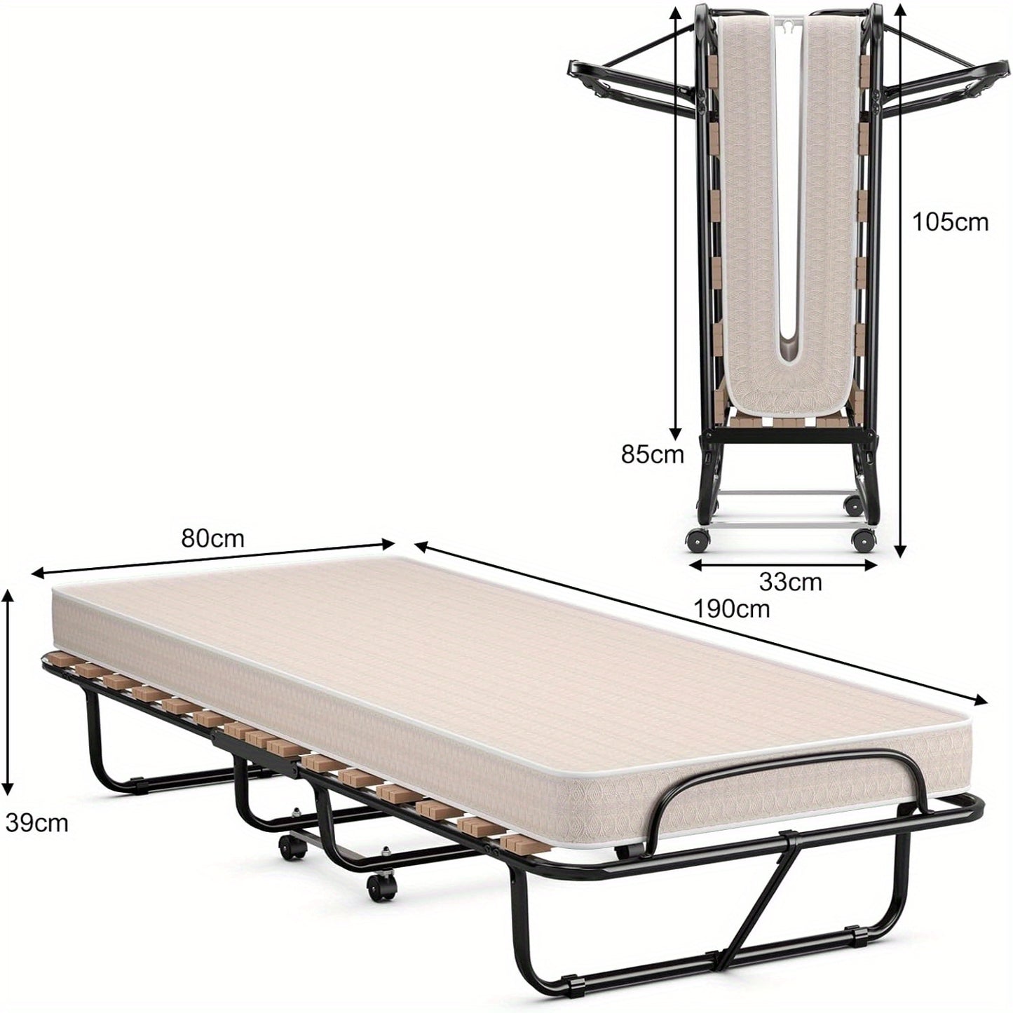 Opvouwbaar Bed – Logeerbed – Opklapbed – Vouwbed – Campingbed – Stevig Stalen Frame – Antislip Wieltjes – 80x191 cm – Compact Opklapbaar Ontwerp