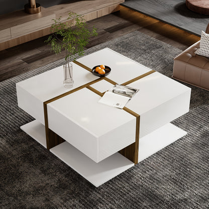 Modern High-Gloss Coffee Table - White & Golden Accent Living Room Center Table, Heavy-Duty Metal Construction, Space-Saving Design for Small Apartments, Easy Assembly (No Wood Components) - Ideal for Apartments, Offices, Hot