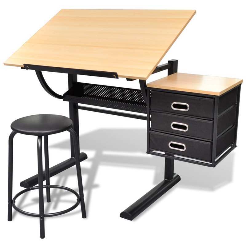 Tekentafel – Tekentafel Met Kruk – Ontwerp Tafel – Schets Tafel – Knutsel Tafel – Verstelbaar Tafelblad – 3 Lades – Hoogwaardige Materiaal – Marrone