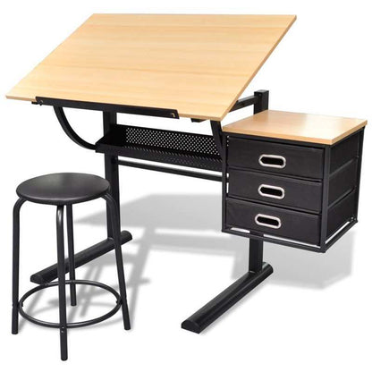 Tekentafel – Tekentafel Met Kruk – Ontwerp Tafel – Schets Tafel – Knutsel Tafel – Verstelbaar Tafelblad – 3 Lades – Hoogwaardige Materiaal – Marrone
