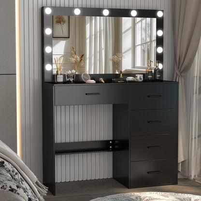 Kaptafel – Make-up Tafel – Dressing Table – Cosmeticatafel – Kapcommode – Massief Houten Zwart – Verlichte Spiegel Met 3 Lichtstanden – Ruime Lades