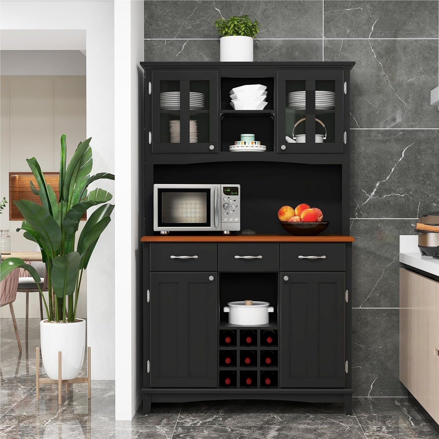 Keukenkast – Keukenbuffet – Kast – Dressoir – Opbergkast – Zwart – 3 Laden En Verstelbare Planken – Wijnrek En Open Schappen – 112x43x184,5 cm