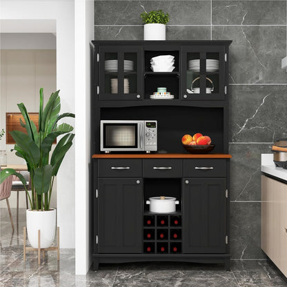 Keukenkast – Keukenbuffet – Kast – Dressoir – Opbergkast – Zwart – 3 Laden En Verstelbare Planken – Wijnrek En Open Schappen – 112x43x184,5 cm