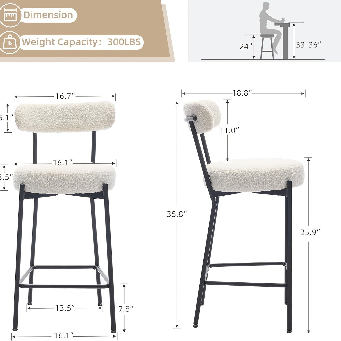 Set of 2 Modern Counter Height Bar Stools with Upholstered Boucle Seats & Backrests - Heavy-Duty Metal Frame, 136.08KG Weight Capacity, Black Legs & White Cushioned Seating - Easy Assembly, Contemporary Kitchen Island Chairs