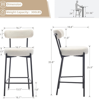 Set of 2 Modern Counter Height Bar Stools with Upholstered Boucle Seats & Backrests - Heavy-Duty Metal Frame, 136.08KG Weight Capacity, Black Legs & White Cushioned Seating - Easy Assembly, Contemporary Kitchen Island Chairs