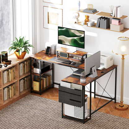 Hoekbureau – L-Vormig Bureau – Werkplek Bureau – Gamingbureau – Bureau Met Opbergruimte – Rustieke Bruine Houtlook – Verstelbare Werkbladlengte Tot 240 cm – Ergonomische Monitorstandaard Voor Schermen Tot 42 Inch