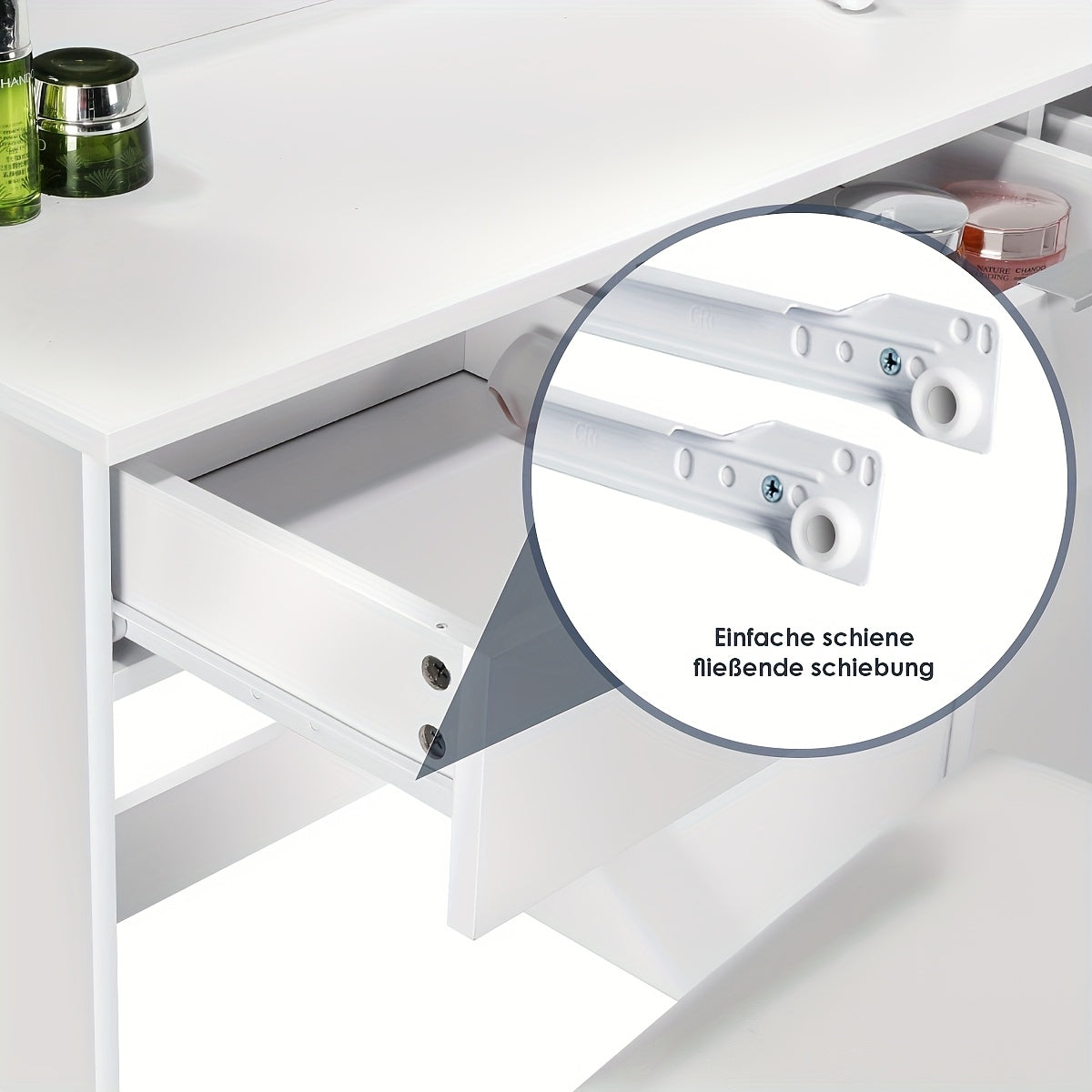 White Vanity Desk with a Mirror And Stool, Featuring Drawers And Modern Design, Equipped with 12 Adjustable LED Lights for Brightness Control.