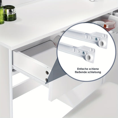 White Vanity Desk with a Mirror And Stool, Featuring Drawers And Modern Design, Equipped with 12 Adjustable LED Lights for Brightness Control.