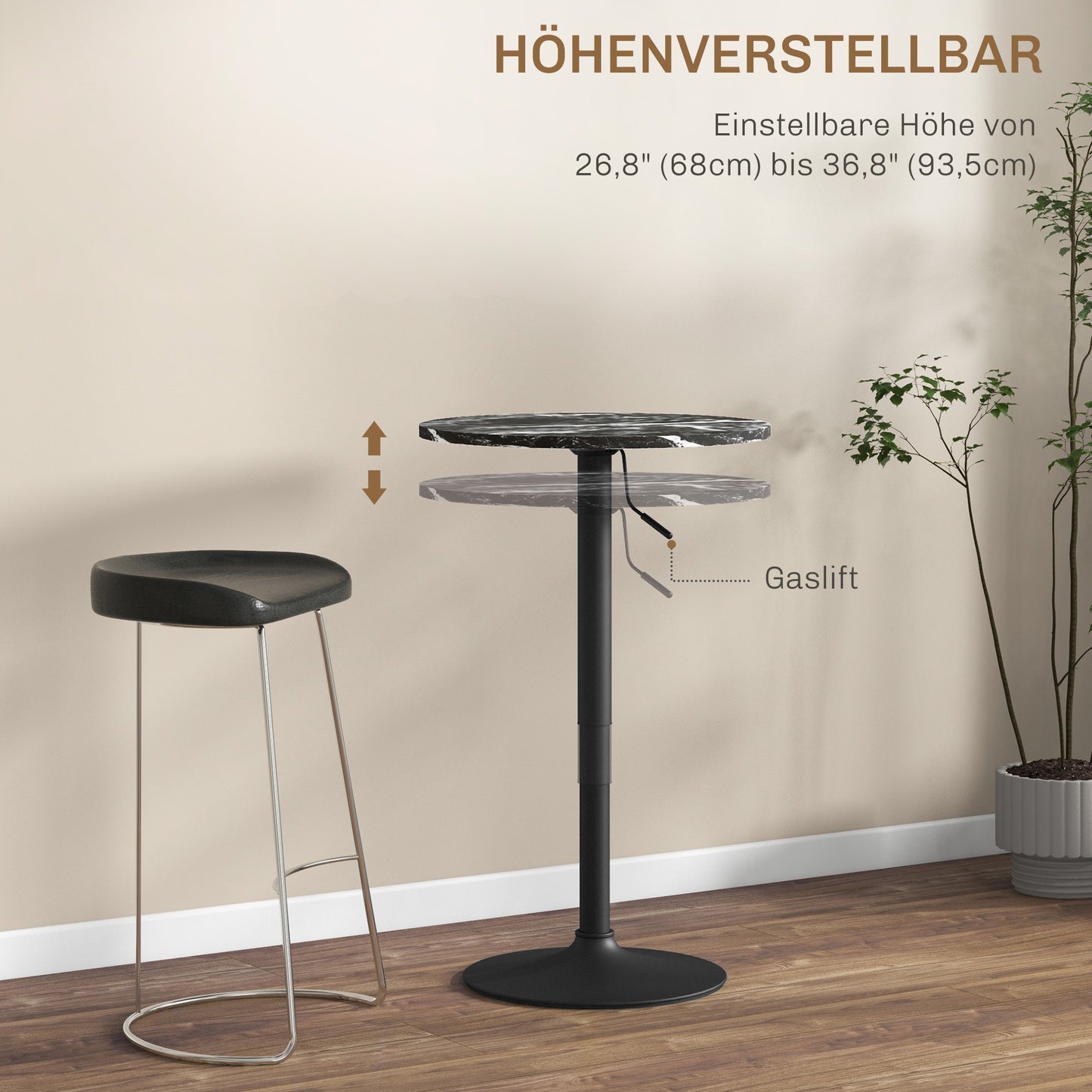 Bartafel – Barkruktafel – Barmeubel – Statafel – Tafel voor Twee Personen – Verstelbare Hoogte 68-93,5 cm – Zwart Marmerlook 60x60 cm
