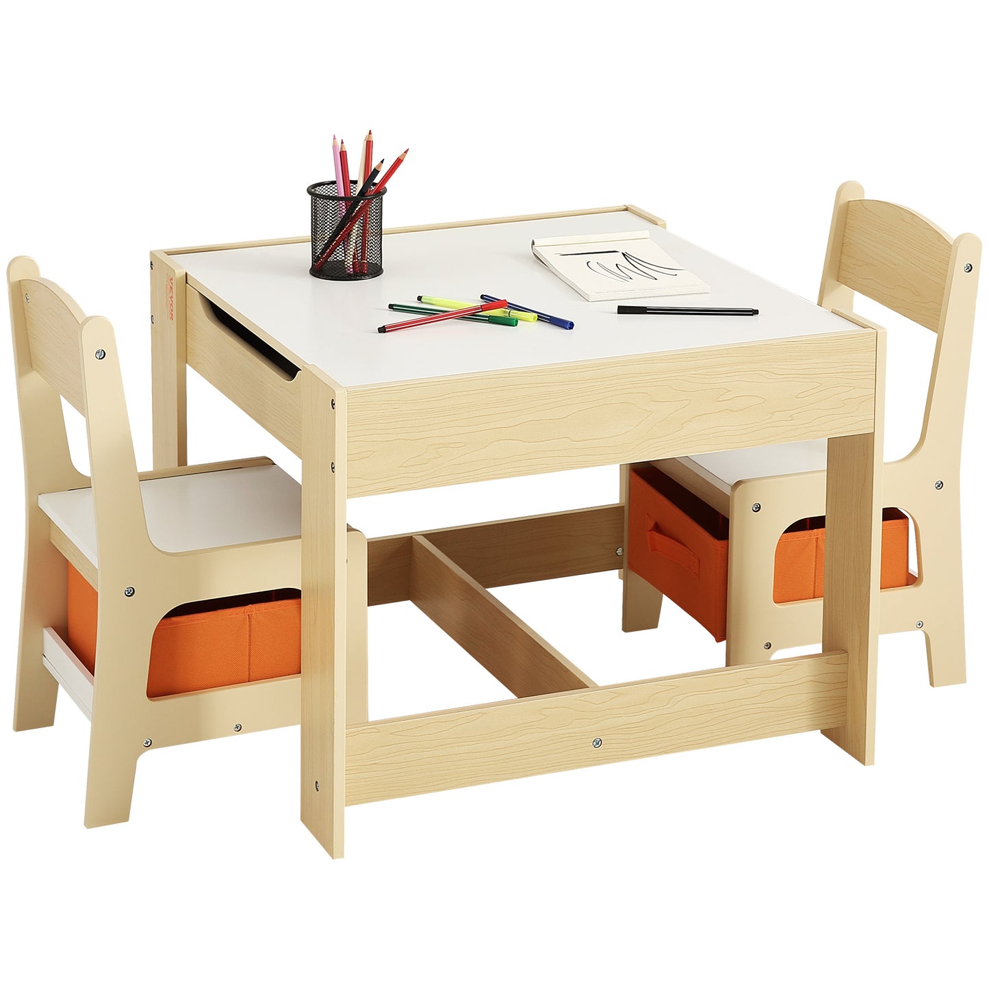 Kinderstoel met Tafel – Kinderstoelen Set – Speeltafel – Knutseltafel – Eettafeltje – MDF Variant – Verstelbaar Tafelblad Met Whiteboard & Krijtbord – Inclusief Opbergruimte