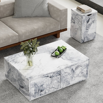 Salontafel – Bijzettafel – Koffietafel – Sofa Tafel – Balkon Tafel – Marmerlook MDF – Set Van 2 – Met Opbergruimte – Flexibel Plaatsbaar