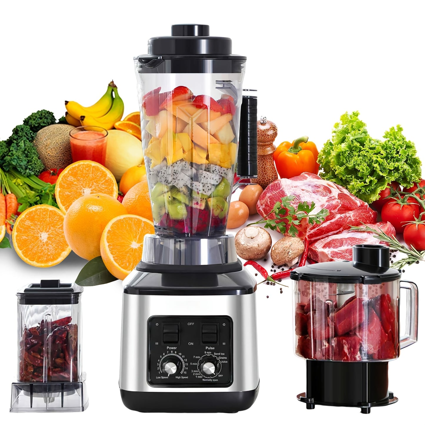 3-in-1 Elektrische Blender – Multifunctionele Mixer – Sapcentrifuge – Smoothiemaker – Keukenmachine – 9500W Krachtige Motor – 3L, 1,5L en 0,5L Containers