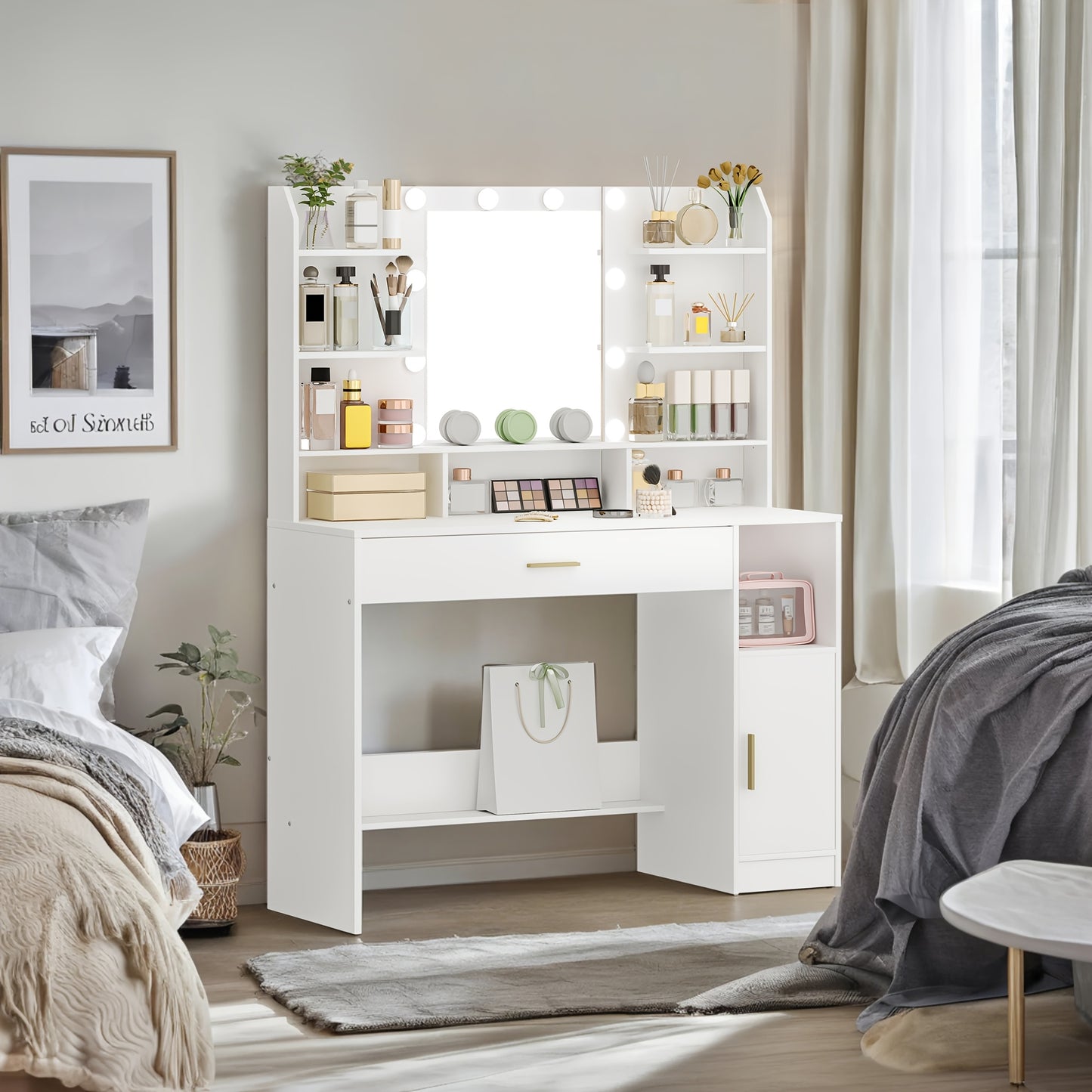 Jewelry Cabinet, Dressing Table, Large Tabletop with Mirror, Accessory Storage, LED Light with Adjustable Brightness, Organiser Drawers and Storage Cabinets, Open Shelves, for Bedroom, Cloakroom, White, Jewellery Cabinet, Clo - QUORE
