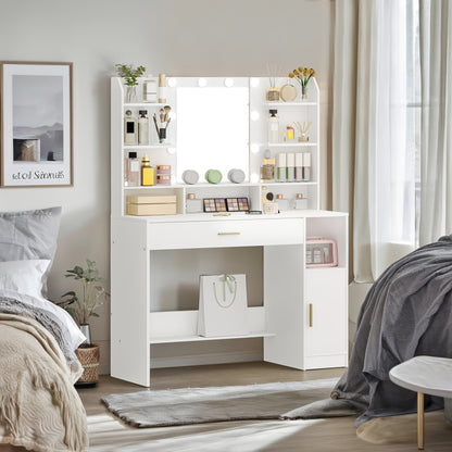 Jewelry Cabinet, Dressing Table, Large Tabletop with Mirror, Accessory Storage, LED Light with Adjustable Brightness, Organiser Drawers and Storage Cabinets, Open Shelves, for Bedroom, Cloakroom, White, Jewellery Cabinet, Clo - QUORE
