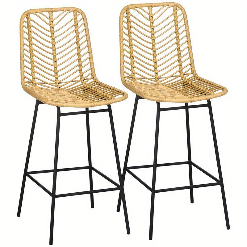 Boho Barstoelen – Barkrukken – Hoge Stoelen – Zitkrukken – Keukenstoelen – PE Rotan Vlechtwerk – Met Voetensteun – Kussen – Zwarte Metalen Poten – Set Van 2 – Mosterdgeel – Ruimtebesparend – Eenvoudige Montage